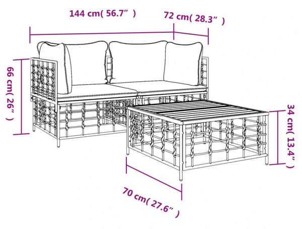 Polyrattan Kerti Ülőgarnitúra - 3 részes - Antracitszürke