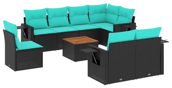 VidaXL 9 db fekete polyrattan kerti kanapégarnitúra párnákkal