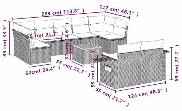 10 db fekete polyrattan kerti kanapégarnitúra párnákkal