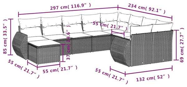 VidaXL 10 db barna polyrattan kerti kanapégarnitúra párnákkal