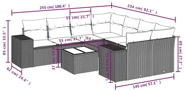 VidaXL 9 db barna polyrattan kerti kanapégarnitúra párnákkal