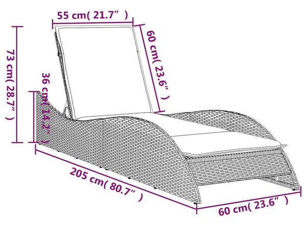 VidaXL fekete polyrattan napozóágy párnával 60 x 205 x 73 cm