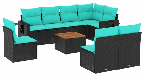 VidaXL 9 db fekete polyrattan kerti kanapégarnitúra párnákkal