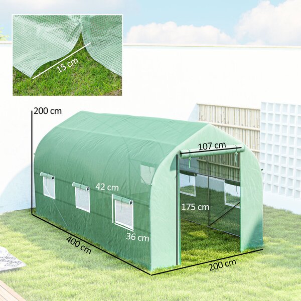Outsunny UV-álló alagút üvegház 6 hálós ablakkal és gördíthető bejárattal, fém és PE, 4x2x2 m, zöld