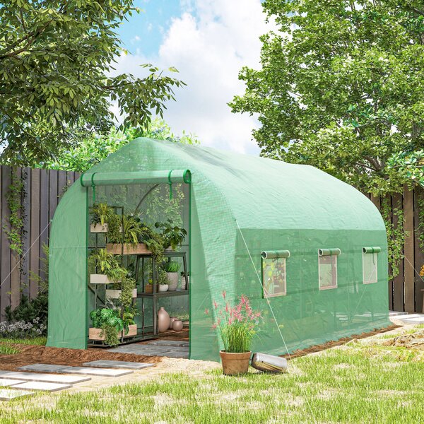 Outsunny UV-álló alagút üvegház 6 hálós ablakkal és gördíthető bejárattal, fém és PE, 4x2x2 m, zöld