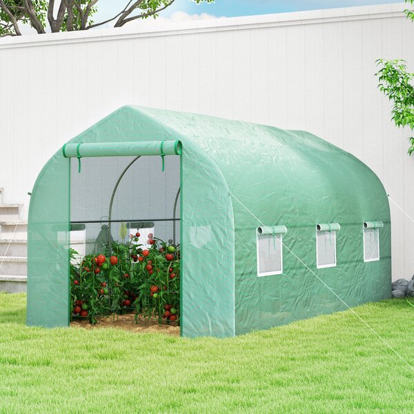 Outsunny UV-álló alagút üvegház 6 hálós ablakkal és gördíthető bejárattal, fém és PE, 4x2x2 m, zöld