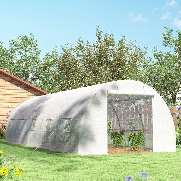 Outsunny Alagút Típusú Üvegház 8x3x2 m, Erősített Műanyag és Acél Borítással, Fehér