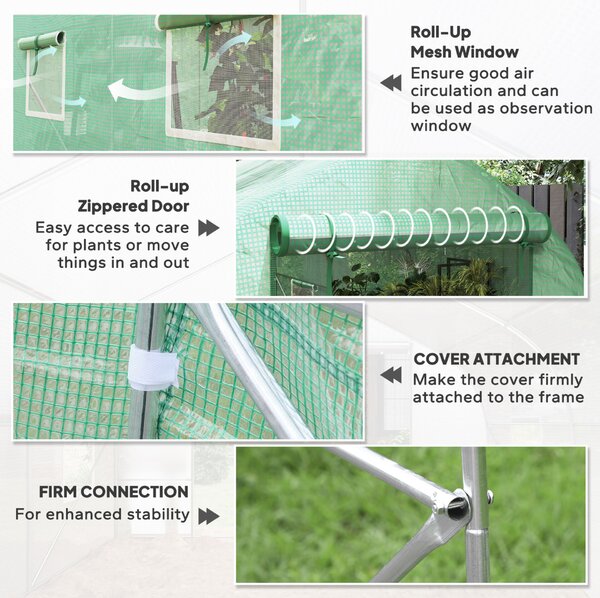 Outsunny UV-álló alagút üvegház 6 hálós ablakkal és gördíthető bejárattal, fém és PE, 4x2x2 m, zöld