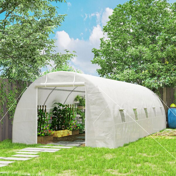 Outsunny Alagút Típusú Üvegház 8x3x2 m, Erősített Műanyag és Acél Borítással, Fehér