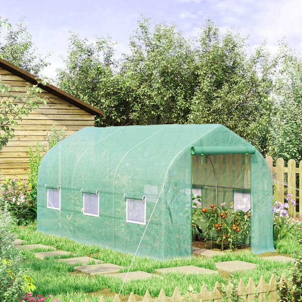 Outsunny UV-álló alagút üvegház 6 hálós ablakkal és gördíthető bejárattal, fém és PE, 4x2x2 m, zöld