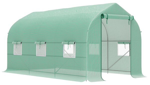 Outsunny UV-álló alagút üvegház 6 hálós ablakkal és gördíthető bejárattal, fém és PE, 4x2x2 m, zöld