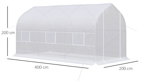 Outsunny UV-álló Alagút Üvegház 6 Hálós Ablakkal és Feltekerhető Bejárattal, Fém és PE, 4x2x2 m, Fehér