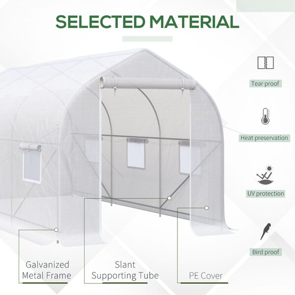 Outsunny UV-álló Alagút Üvegház 6 Hálós Ablakkal és Feltekerhető Bejárattal, Fém és PE, 4x2x2 m, Fehér