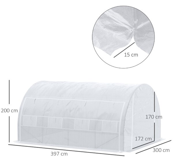 Outsunny Tunnel Üvegház Gördíthető Ajtóval, Oldalpanelekkel és 8 Ablakkal, Horganyzott Acél és PE, 3,97x3x2 m, Fehér
