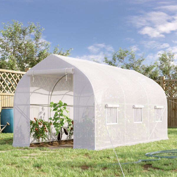 Outsunny UV-álló Alagút Üvegház 6 Hálós Ablakkal és Feltekerhető Bejárattal, Fém és PE, 4x2x2 m, Fehér