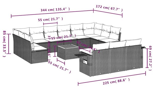 VidaXL 14 db fekete polyrattan kerti kanapégarnitúra párnákkal