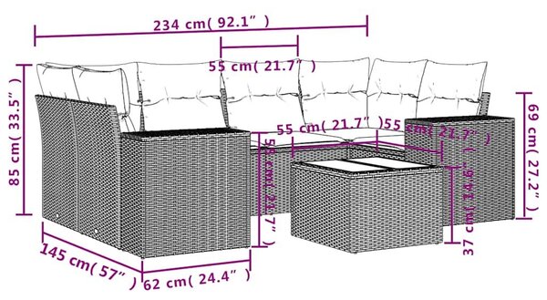 VidaXL 7 db barna polyrattan kerti kanapégarnitúra párnákkal