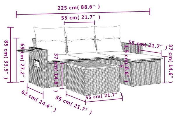 VidaXL 5 db szürke polyrattan kerti kanapégarnitúra párnákkal