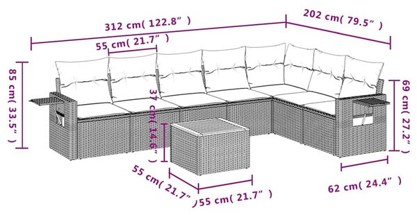VidaXL 8 db fekete polyrattan kerti kanapégarnitúra párnákkal