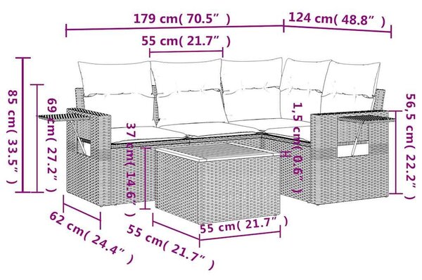 VidaXL 5 db szürke polyrattan kerti kanapégarnitúra párnákkal