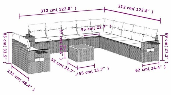 12 db szürke polyrattan kerti kanapégarnitúra párnákkal