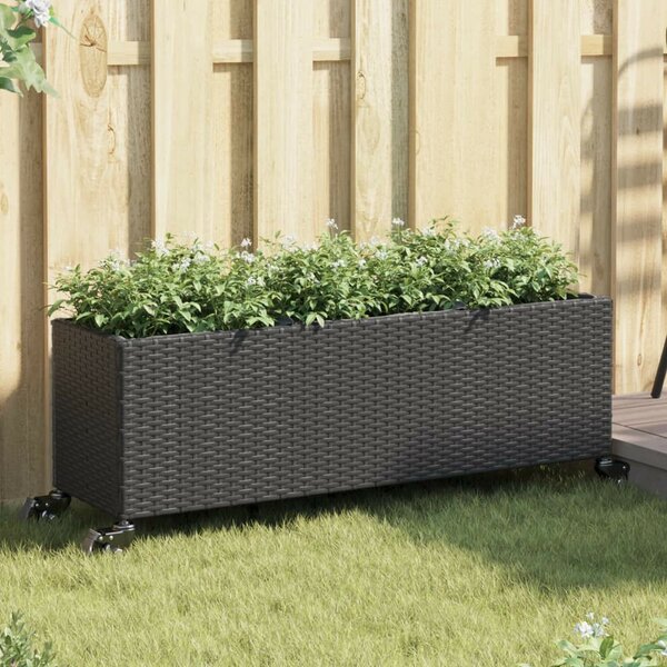 2 db fekete polyrattan növénytartó kerékkel 107x32x38 cm