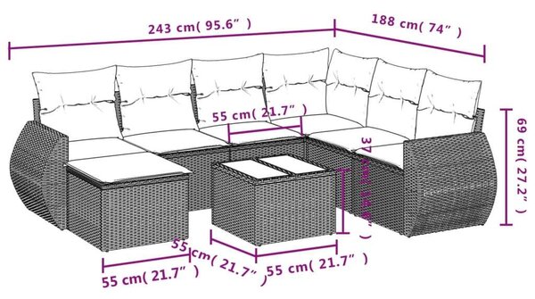 VidaXL Polyrattan Kerti Ülőgarnitúra - 8 részes - Fekete