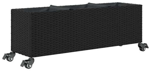 Fekete polyrattan növénytartó kerékkel/3 cseréppel 107x32x38 cm