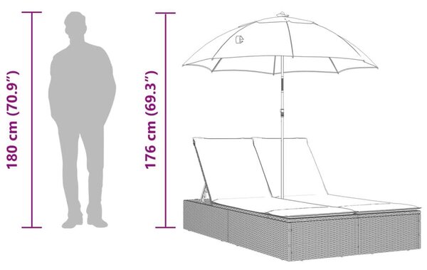 VidaXL Dupla Napozóágy - Polyrattan - Bézs - Napernyővel