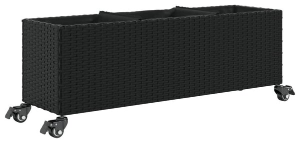 Fekete polyrattan növénytartó kerékkel/3 cseréppel 107x32x38 cm