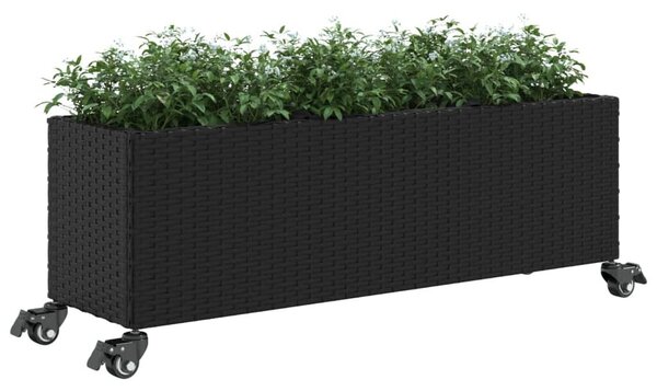 Fekete polyrattan növénytartó kerékkel/3 cseréppel 107x32x38 cm