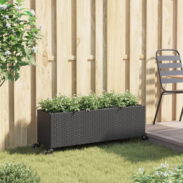 Fekete polyrattan növénytartó kerékkel/3 cseréppel 107x32x38 cm