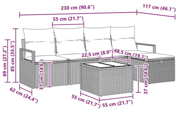 VidaXL moduláris kanapé szett párnákkal, 6 db-os, fekete és türkiz, polirattan
