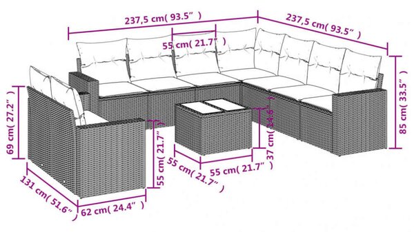 VidaXL Polyrattan Kerti Ülőgarnitúra - 10 részes - Szürke