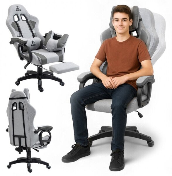 DIÁK forgó gamer szék, lábtartóval és masszázspárnával, szürke KO23SZ