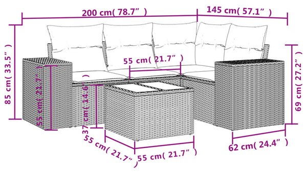 VidaXL 5 részes barna polyrattan kerti ülőgarnitúra párnával