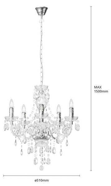 Lindby csillár Merida, króm, fém, 5 lámpás, Ø 52 cm, dimmelhető, Tiszta / átlátszó, Nappali / Étkező, Antik