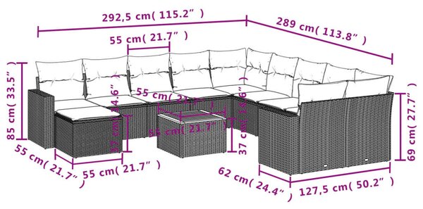 VidaXL Polyrattan Kerti Ülőgarnitúra - 12 részes - Fekete