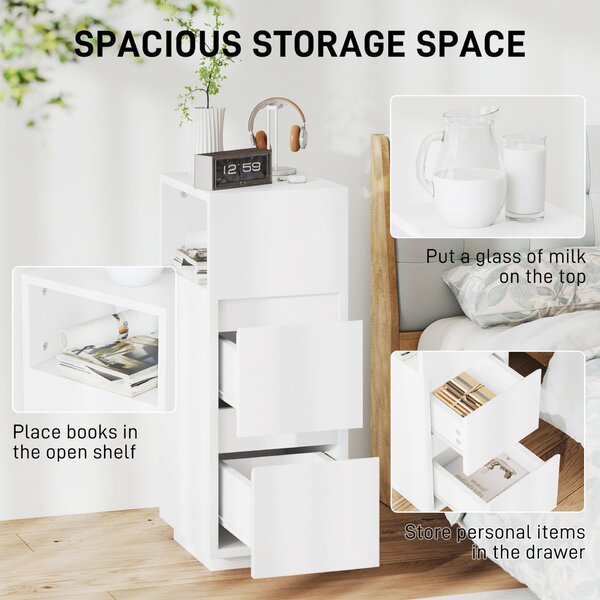 HOMCOM Set de 2 noptiere cu 2 sertare și raft deschis, moderne și compacte, 25x30x65 cm, alb