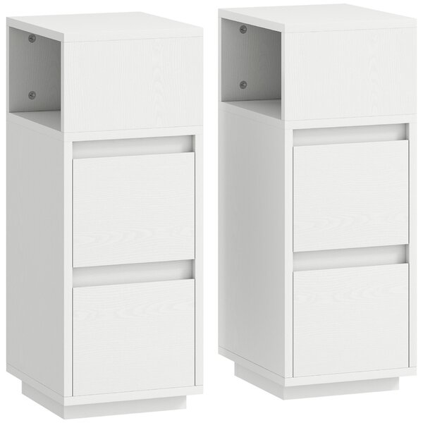 HOMCOM Set de 2 noptiere cu 2 sertare și raft deschis, moderne și compacte, 25x30x65 cm, alb