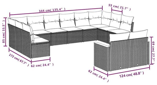 VidaXL 12 db fekete polyrattan kerti kanapégarnitúra párnákkal