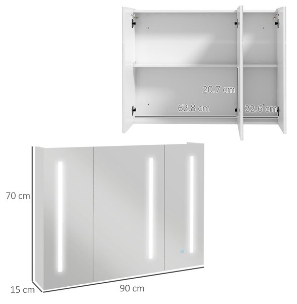 Kleankin Dulap de Baie cu Oglinda cu LED, Alb Lucios