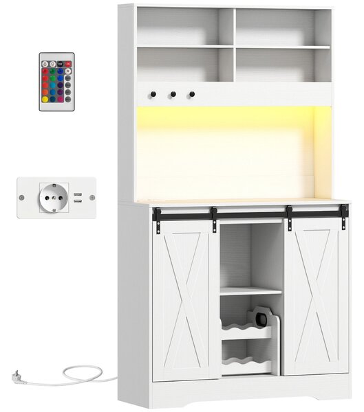 HOMCOM Bufet Bucătărie cu Prize Electrice, Lumină LED, Suport pentru Sticle și Uși Glisante, 100x38x180 cm, Alb