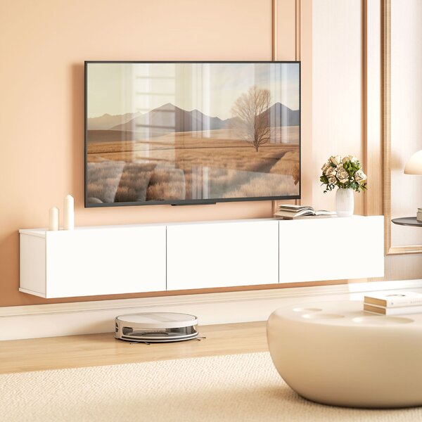 HOMCOM Lebegő TV-Szekrény Akár 82"-es Tévéhez, 3 Lenitható Ajtóval és Soft-Close Zsanérokkal, Fényes Fehér