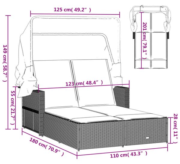 VidaXL Dupla Napozóágy - Polyrattan - Barna - 201x110cm