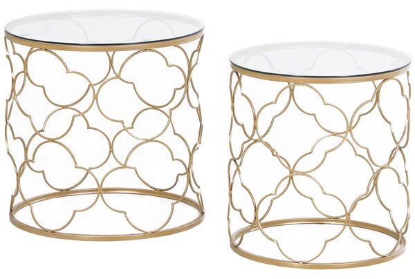 HOMCOM Set de 2 Masute pentru Salon care se pot Stivui Art Deco, Masute de Cafea din Metal cu Blat din Sticla Securizata, Auriu