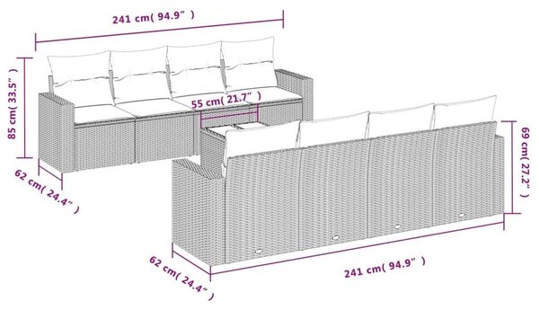 VidaXL Polyrattan Kerti Ülőgarnitúra - 9 részes - Szürke