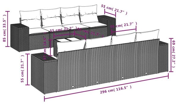 VidaXL 9 részes fekete polyrattan kerti ülőgarnitúra párnákkal