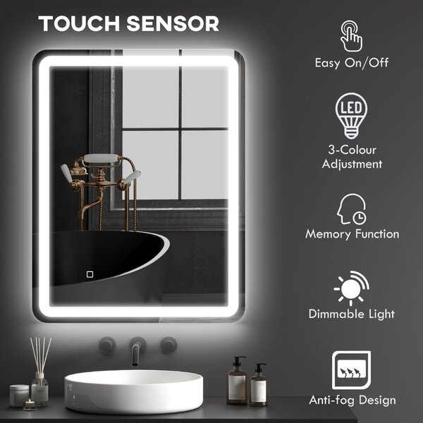 HOMCOM Oglindă de Baie LED Touch cu Lumină Dimmabilă, la 3 Temperaturi și Antiaburire, 70x90 cm