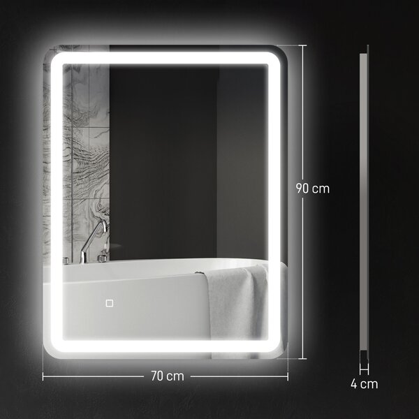 HOMCOM Oglindă de Baie LED Touch cu Lumină Dimmabilă, la 3 Temperaturi și Antiaburire, 70x90 cm